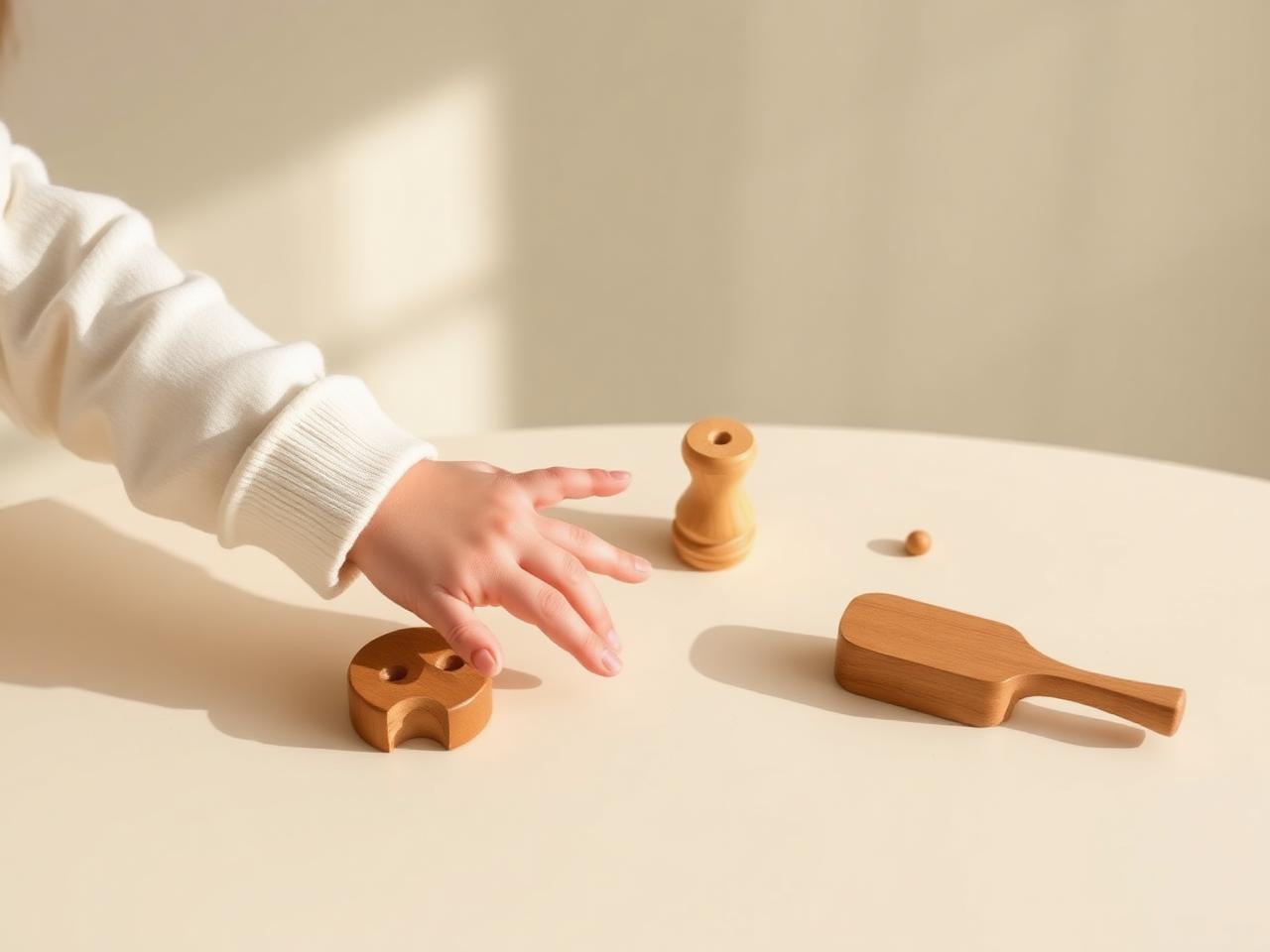 Manos de un niño explorando objetos cotidianos